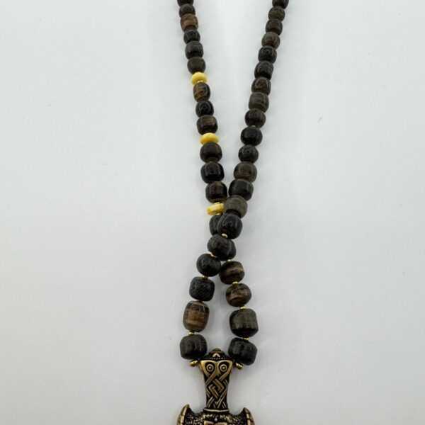 Thor's Hammer Viking Bog Oak Amber Necklace, Mjolnir Brass Pendant
