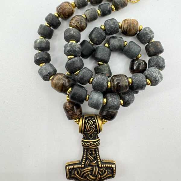 Viking Necklace - Sea Bog Oak, Baltic Pebbles, Mjolnir Amulet