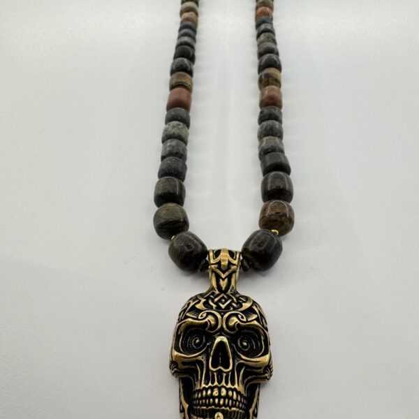 Viking Skull Necklace Bronze Pendant Bog Oak Sea Stone