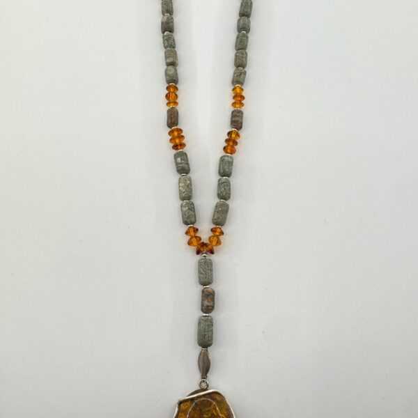 Baltic Amber Fossil Pebble Bead Necklace - Sterling Silver Accents