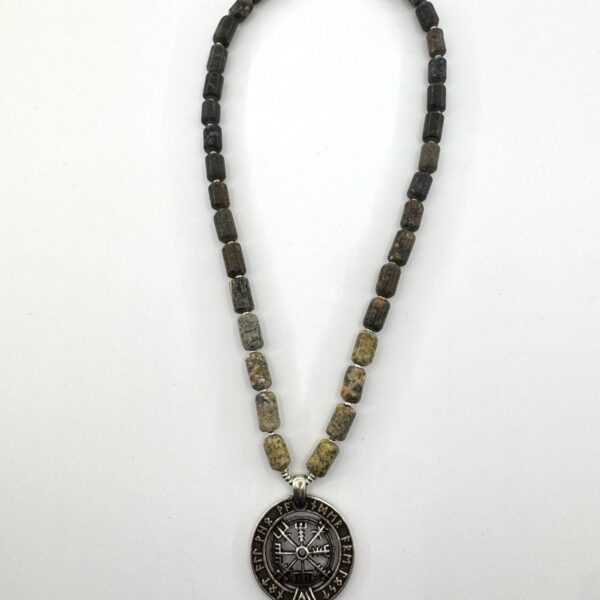 Viking Compass Baltic Pebble Necklace, Vegvisir Pendant, Nordic Jewelry