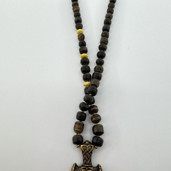 Thor's Hammer Viking Bog Oak Amber Necklace, Mjolnir Brass Pendant