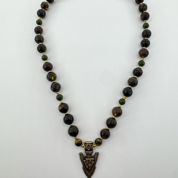 Viking Arrow Pendant Necklace | Ground Amber & Tiger Eye Beads | Men's Rustic Jewelry with Positive Energy