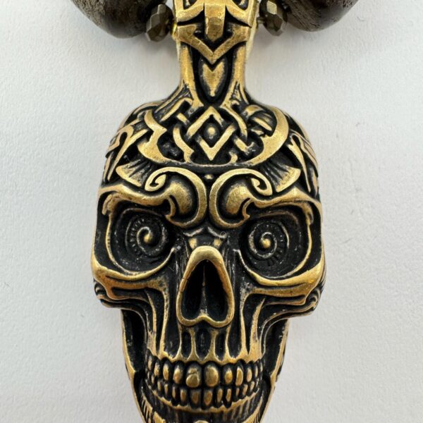 Unique Viking Skull Pendant Necklace - Bronze with Bog Oak & Natural Sea Stone - Image 2